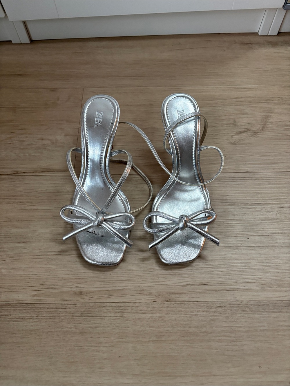 Zara Metallic Silver Bow-Strap Heeled Sandals